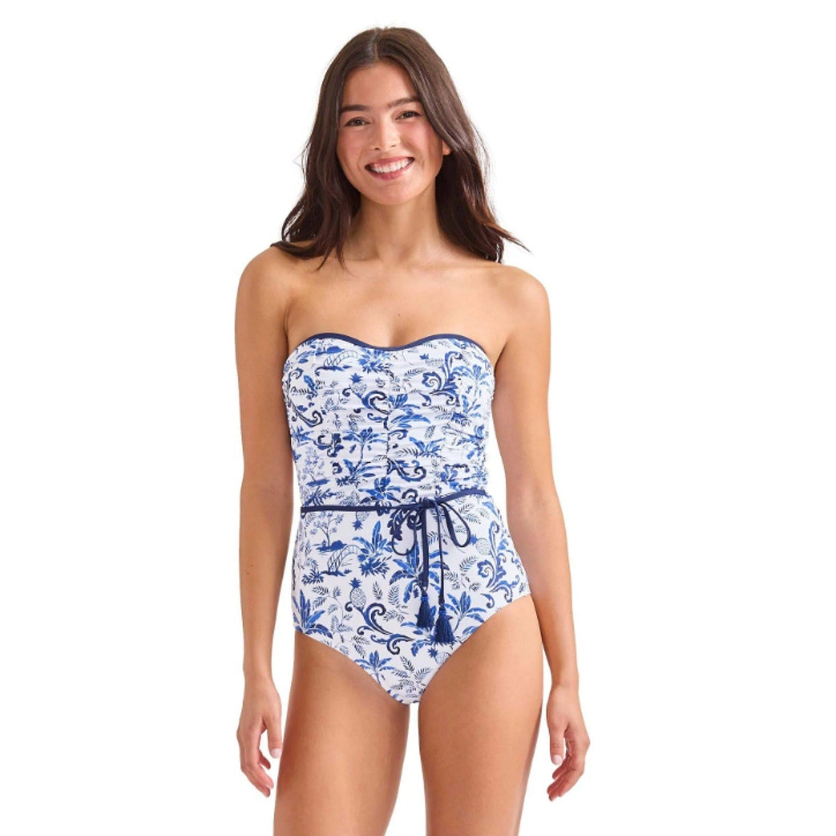 TOMMY BAHAMA Terrazzo Tile Bandeau One Piece Swimsuit Size 14 Blue Floral NWT
