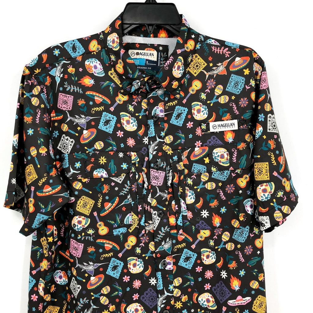 MAGELLAN Mens Dia De Los Muertos Fishing Shirt Medium Black Short Sleeve NWOT