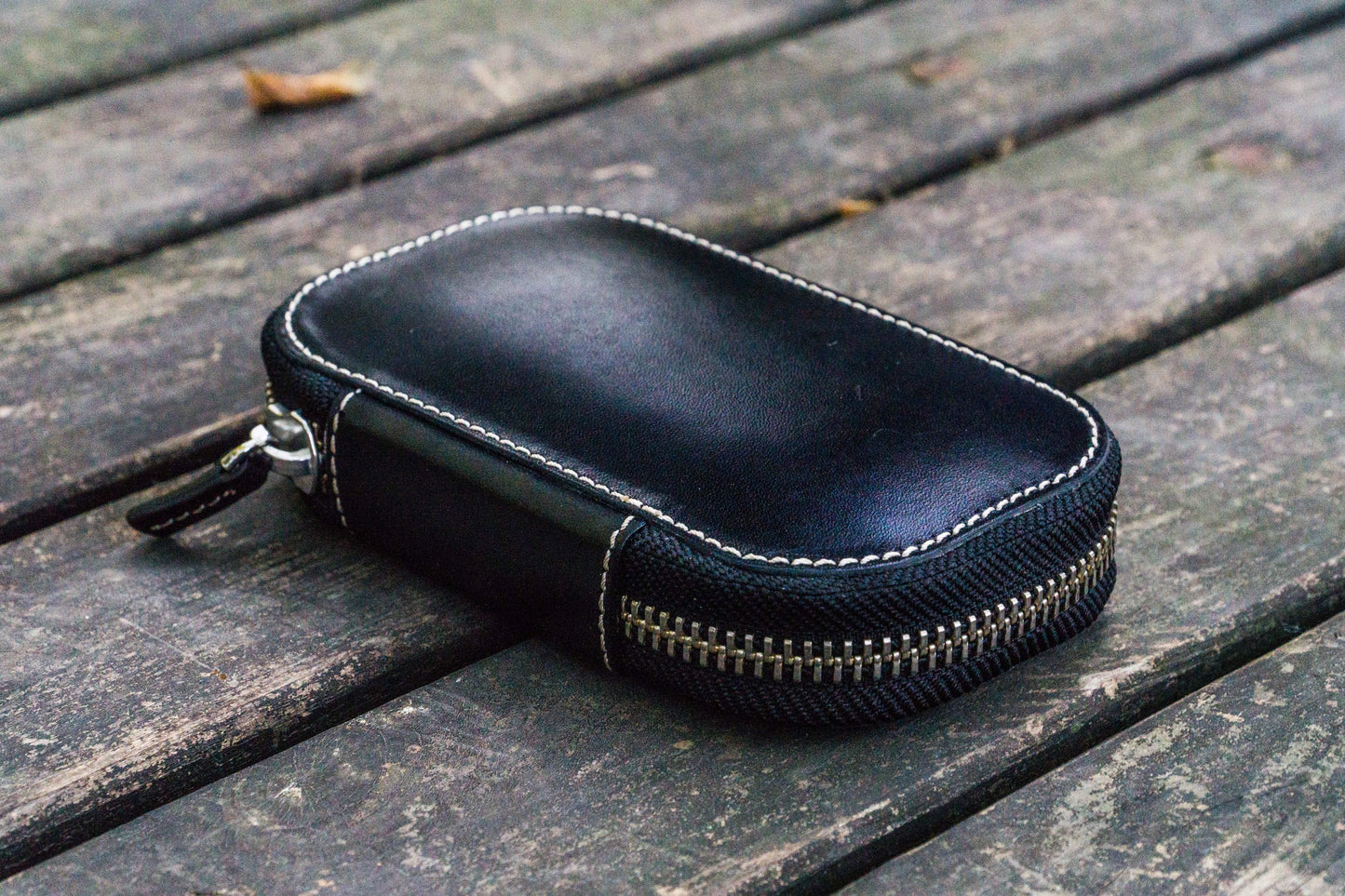 Leather Zippered 6 Slots Pen Case - Black