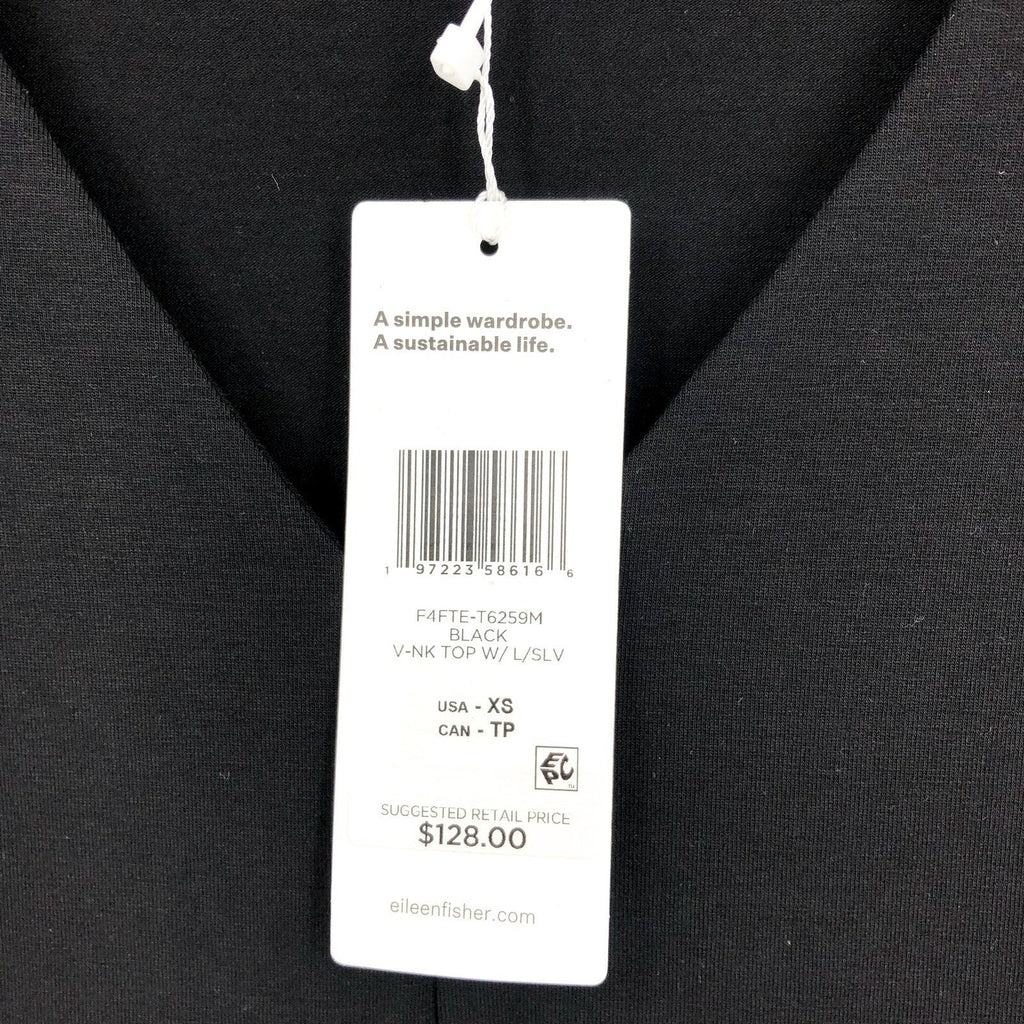 EILEEN FISHER Women's Fine Jersey Long Sleeve V-Neck Top XS Black Slim Fit NWT