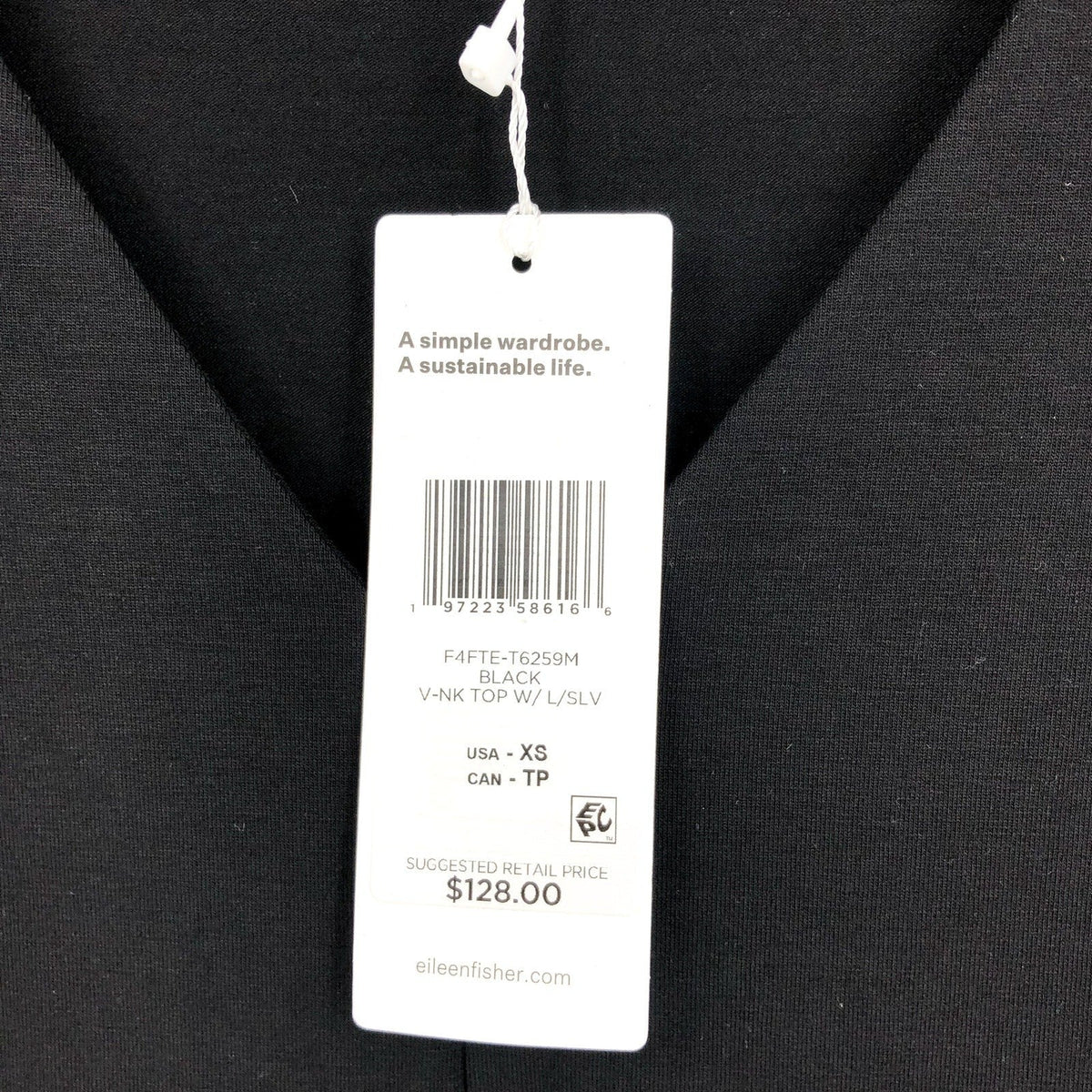 EILEEN FISHER Women's Fine Jersey Long Sleeve V-Neck Top XS Black Slim Fit NWT