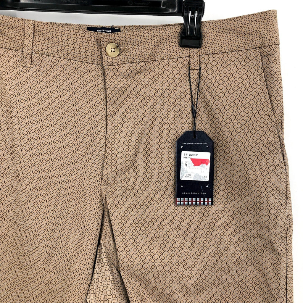 BEN SHERMAN Men's Printed Stretch Chino Shorts Size 34 Khaki Tan Flat Front NWT