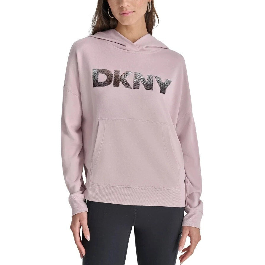 DKNY Women's Sequin Fleece Hoodie Medium Pink Allure Pullover Sweatshirt NWT