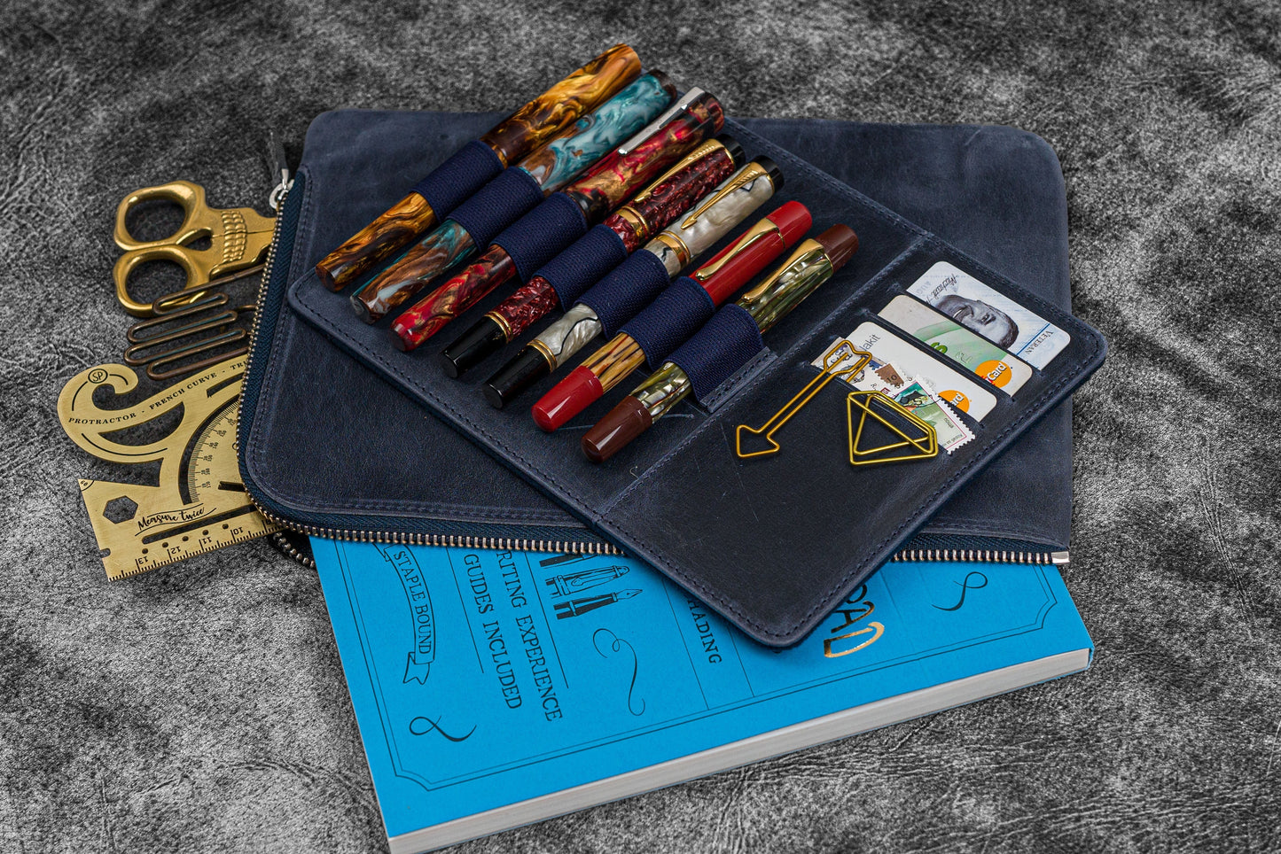 Leather Zippered Writer's Bank Bag - Pen Pouch - Crazy Horse Navy Blue