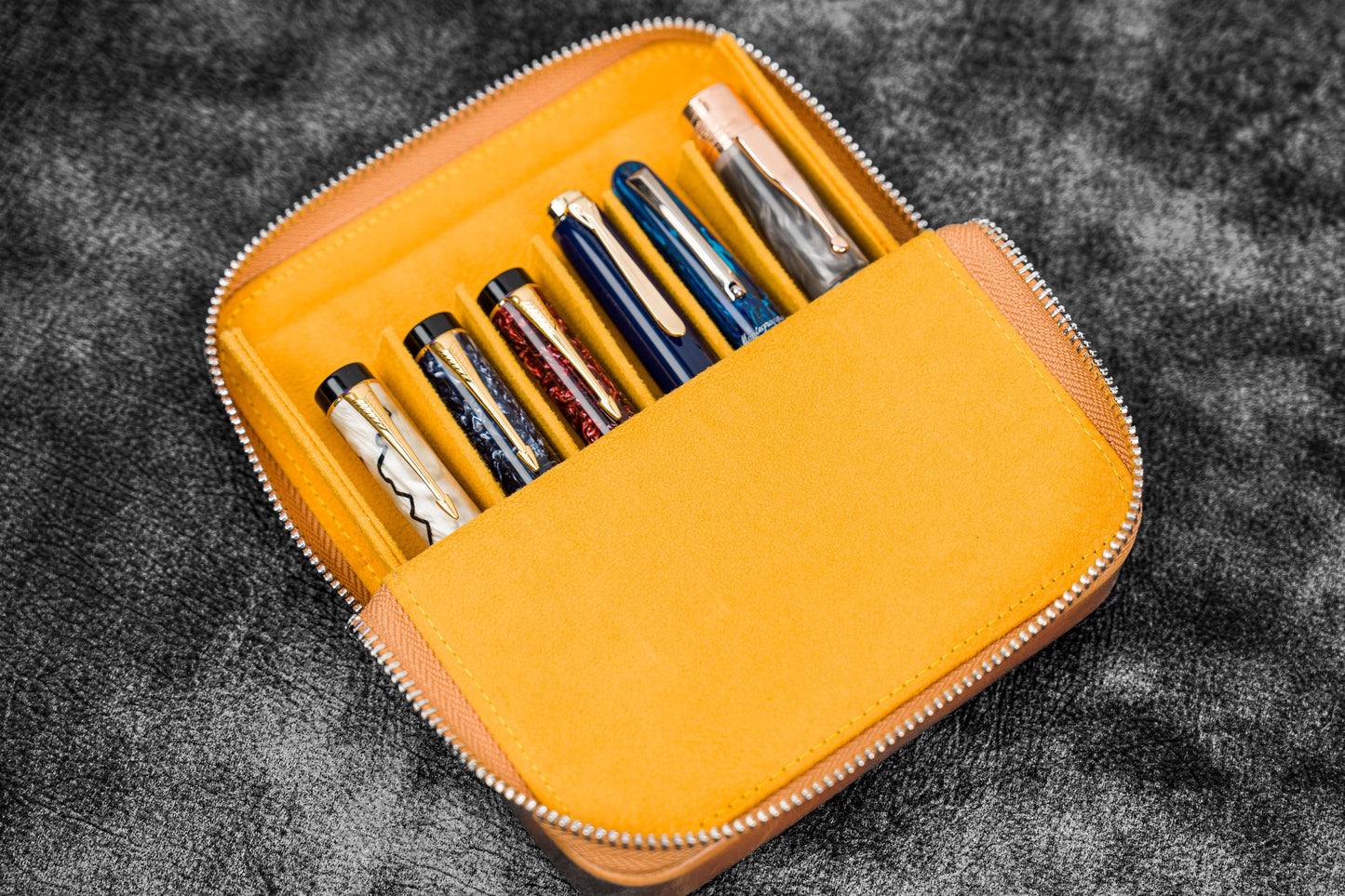 Leather Zippered Magnum Opus 6 Slots Hard Pen Case with Removable Pen Tray - Crazy Horse Honey Ochre