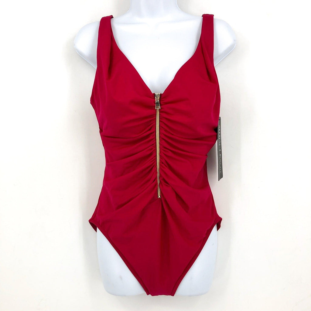 MIRACLESUIT Women's Razzle Dazzle Zipt One-Piece Swimsuit Size 16 Red Ruched NWT