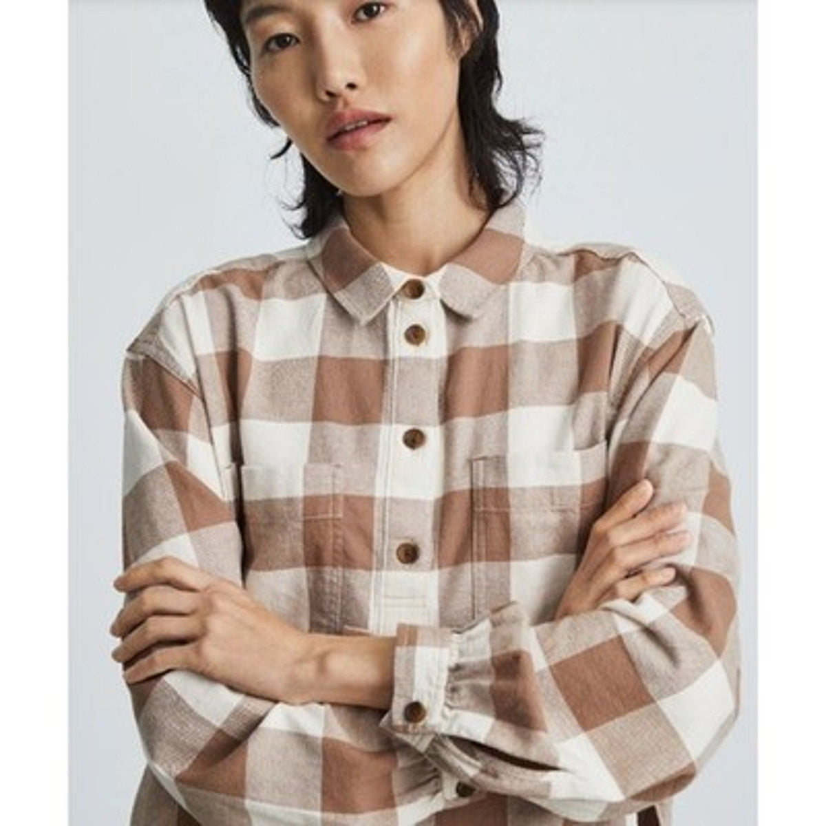 Everlane Womens Flannel Popover Top XS Tan White Plaid Organic Cotton NWOT