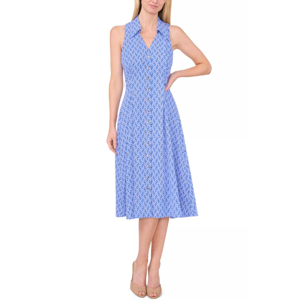 CECE Midi Shirt Dress Size 6 Blue Print Sleeveless V-Neck Belted Waist NWT