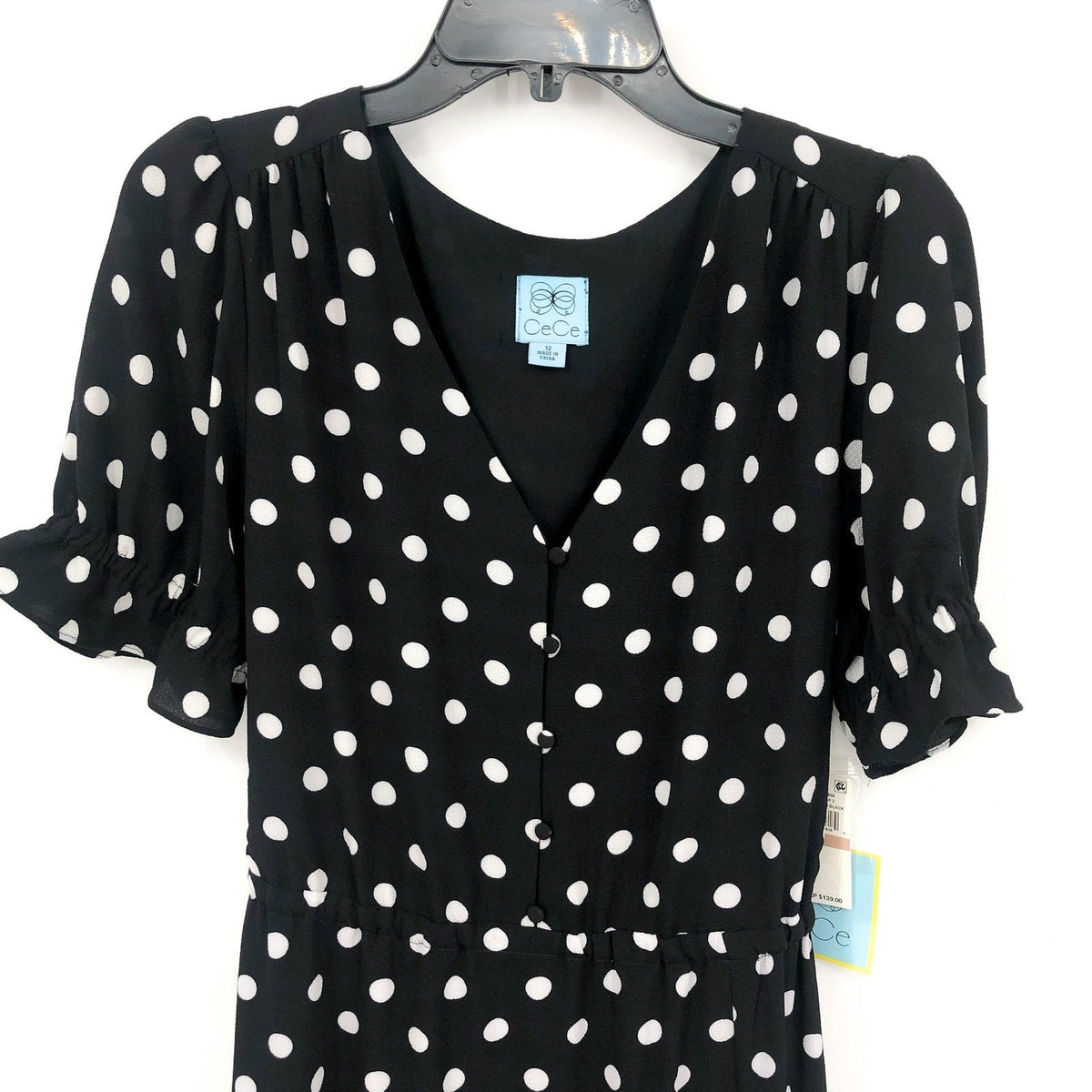 CECE Womens Polka Dot Midi Dress Size 12 Black White Tie Waist Button Front NWT