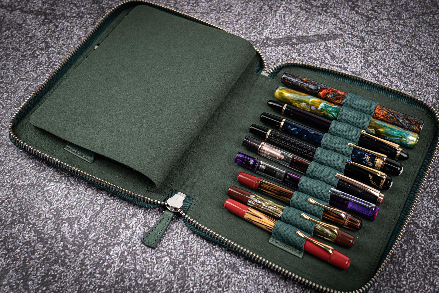 Leather Zippered 20 Slots Pen Case - Crazy Horse Forest Green