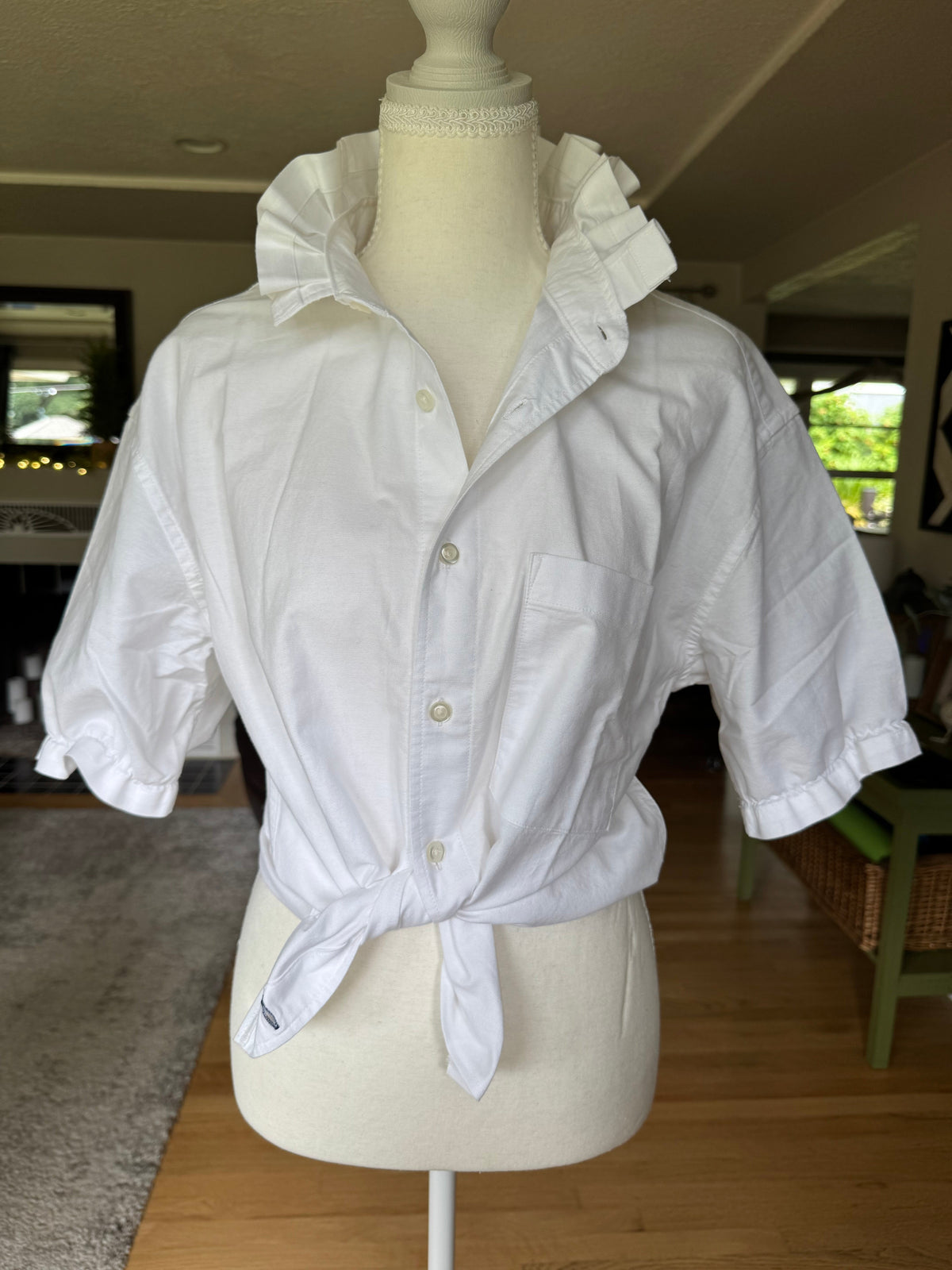 Bailey - White - Brand New Gap Upcycled Men's shirt with Ruffle Collar Short Sleeve