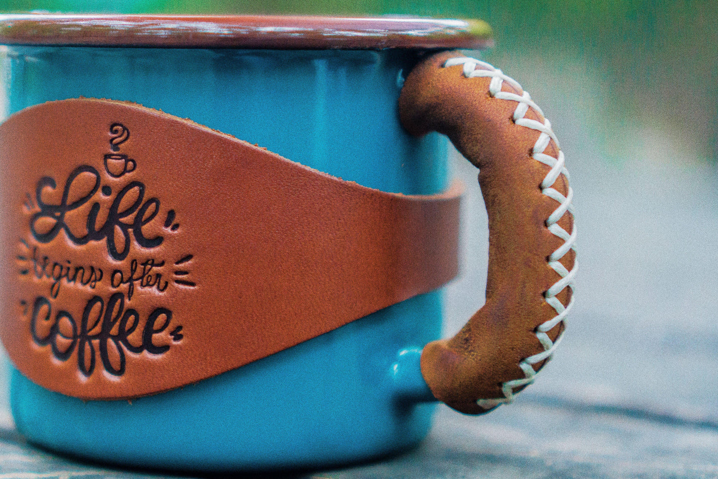 Enamel Mug with Leathered Handle - Turquoise