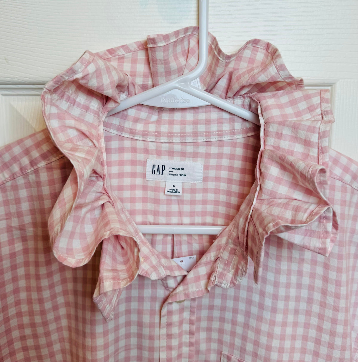 Andie - Brand New Gap Upcycled Men's shirt with Ruffle Collar Pink Gingham