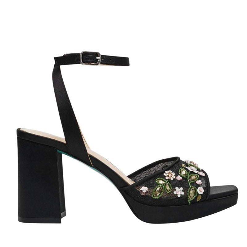 Betsey Johnson Womens Kirra Platform Heel Sandals US 8.5 Black Floral Beaded NIB