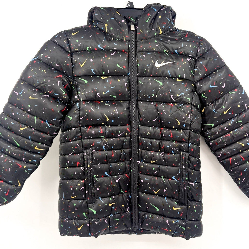 NIKE Girl's Just Do It Printed Puffer Jacket Size 6X Black Confetti NWOT