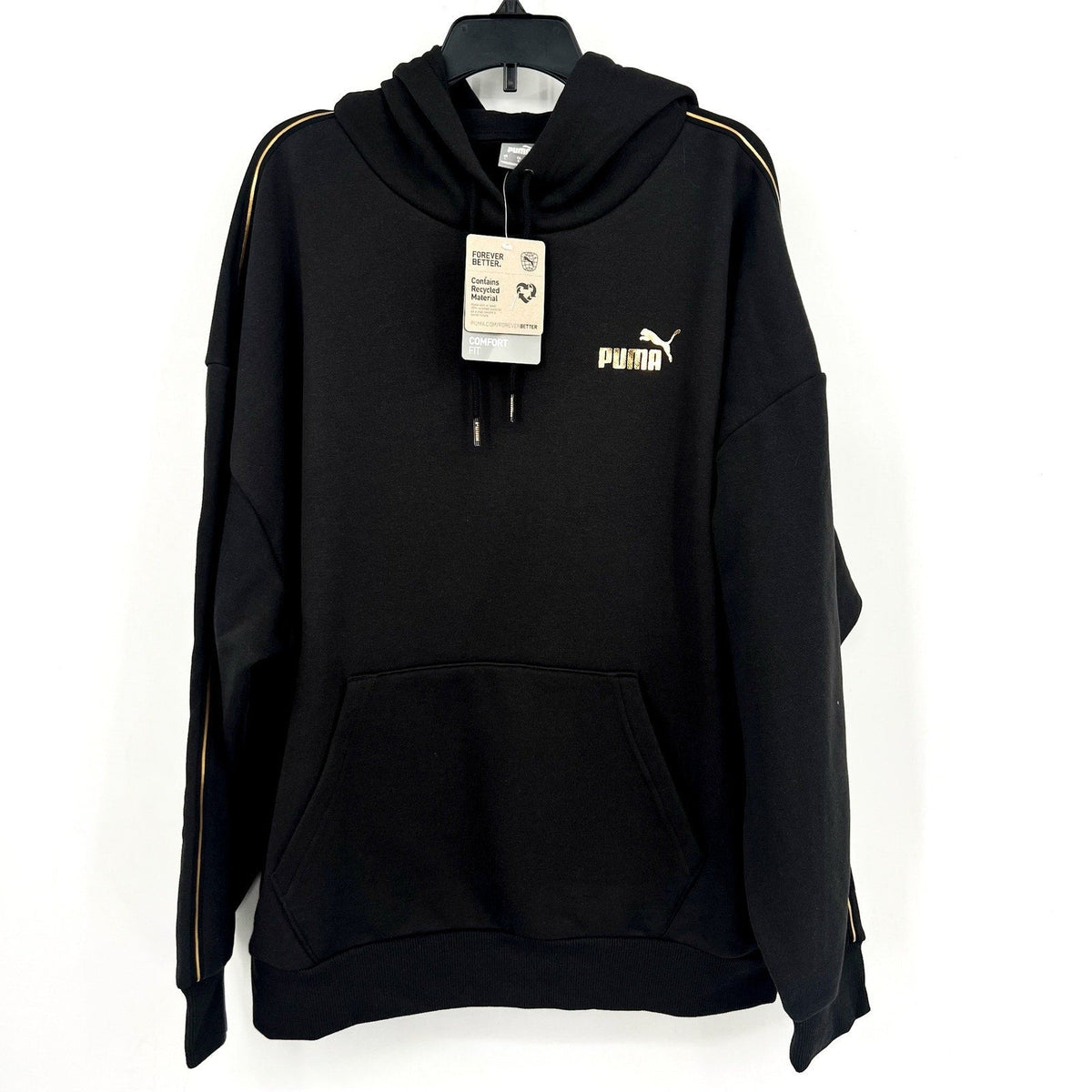 PUMA Women's Essentials Tape Minimal Gold Hoodie Large Black Sweatshirt NWT