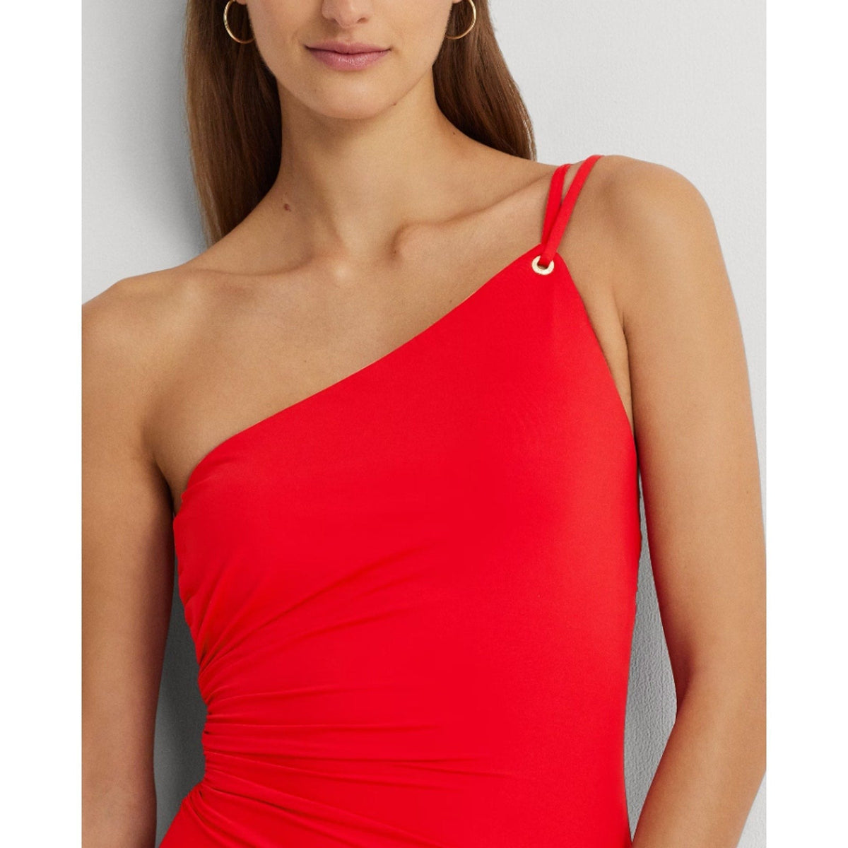 LAUREN RALPH LAUREN Double Strap One Piece Swimsuit Size 8 Red One Shoulder NWT