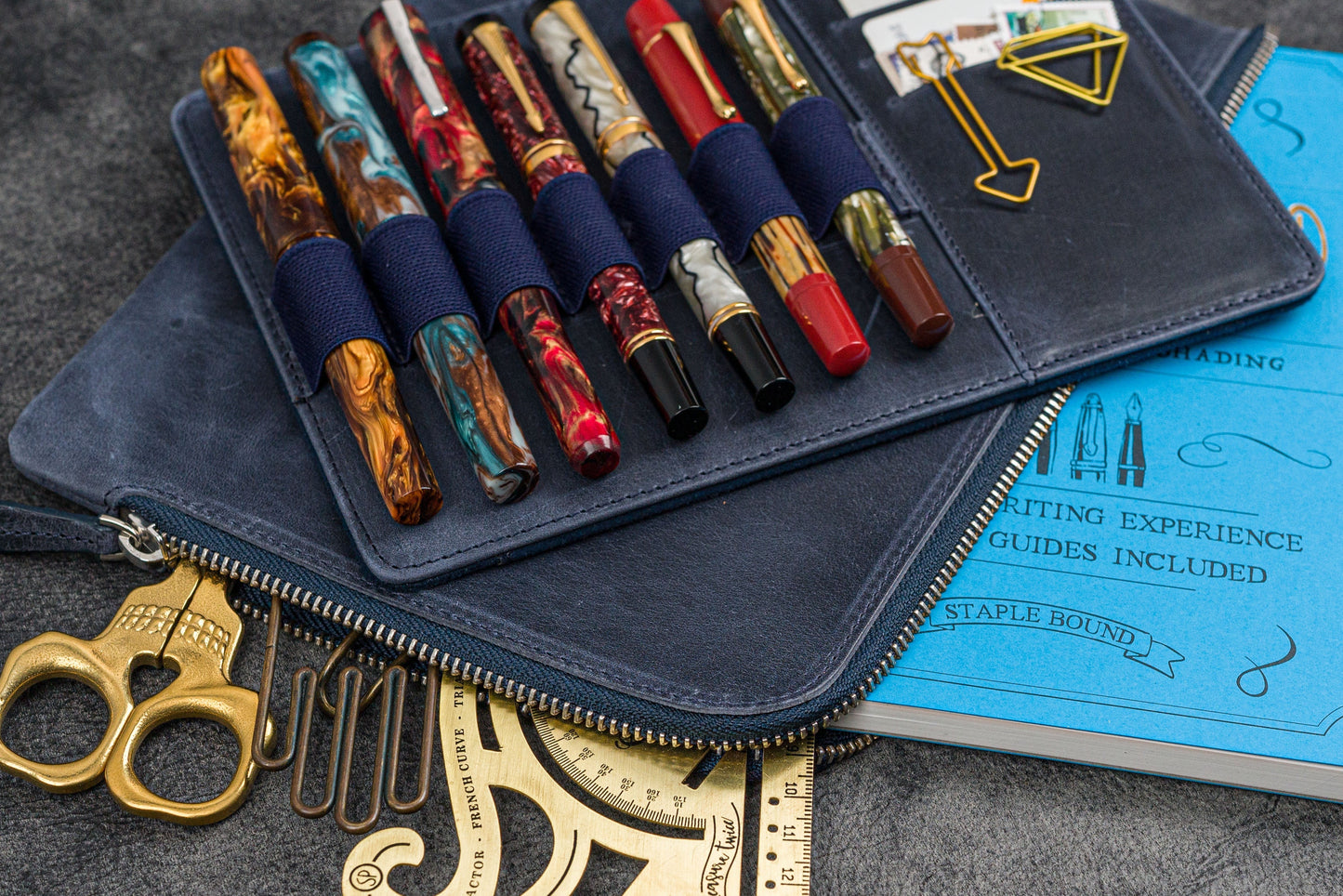 Leather Zippered Writer's Bank Bag - Pen Pouch - Crazy Horse Navy Blue