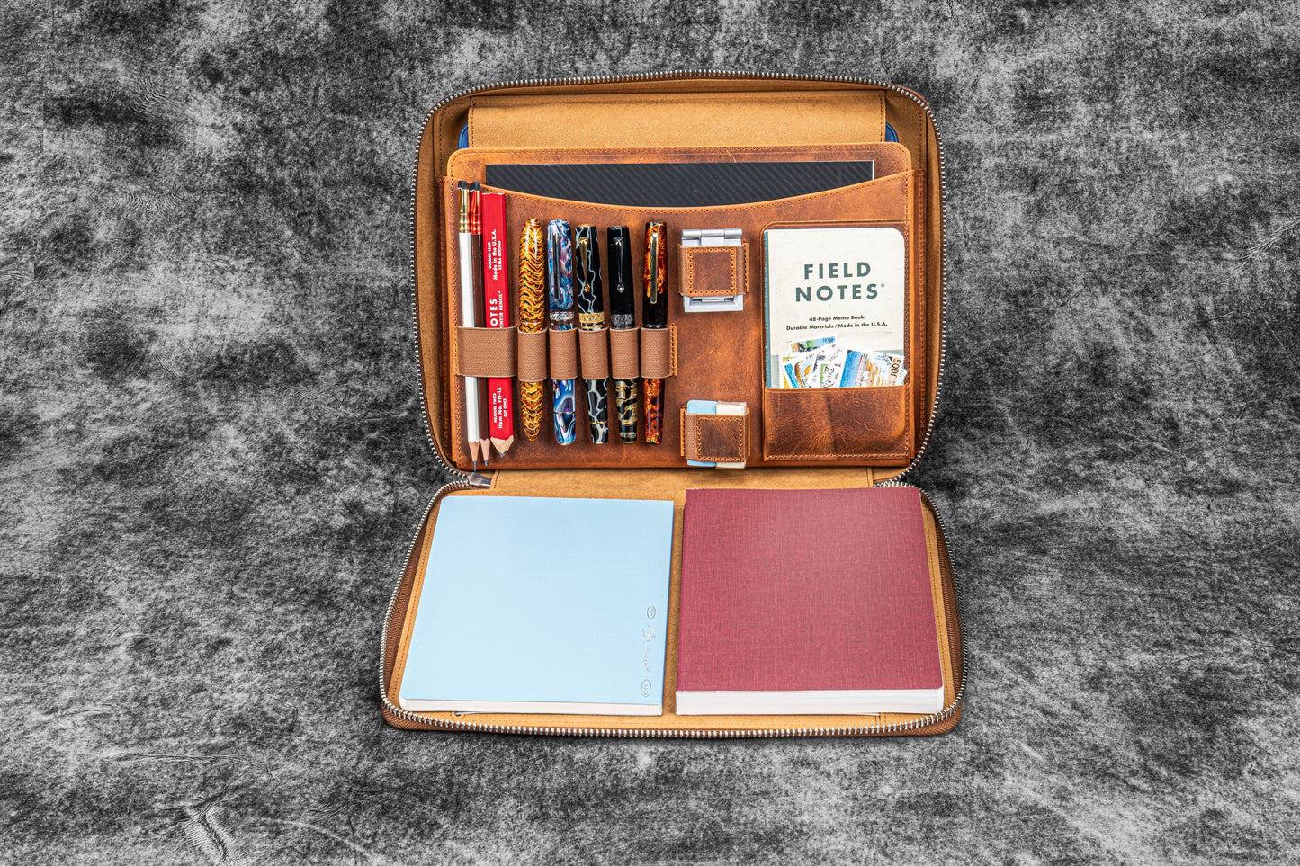 Leather Compendium Bag - A4 Zippered Folio Organizer - Crazy Horse Brown