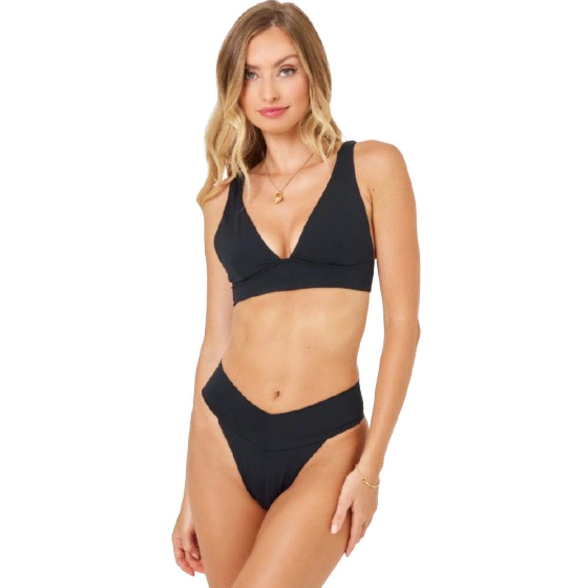 L*SPACE Women's Quinn Classic Bikini Bottom Large Black V Front NWT