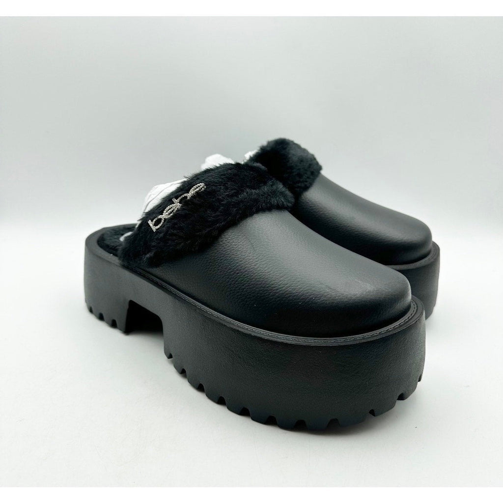 BEBE Women's Platform Slides Size 7 Black Faux Fur Collar Rhinestone Logo NWOB