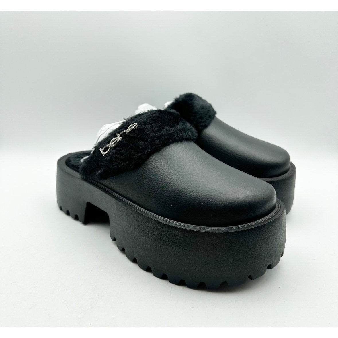 BEBE Women's Platform Slides Size 7 Black Faux Fur Collar Rhinestone Logo NWOB