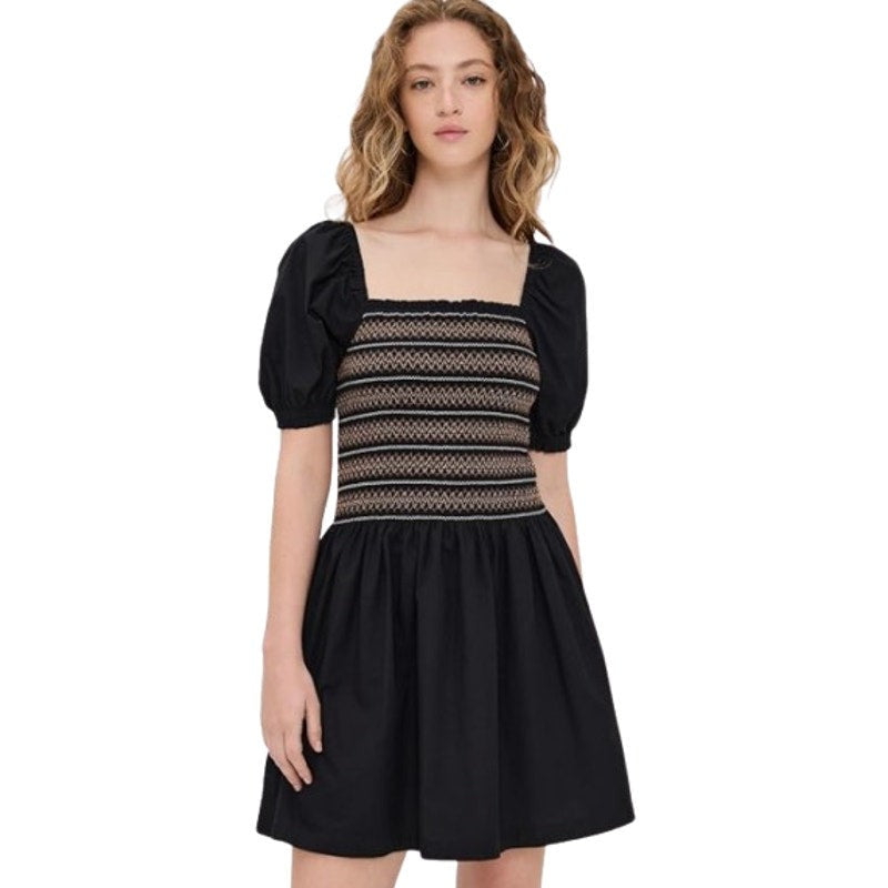 Madewell Womens Poplin Puff-Sleeve Mini Dress Small Black Smocked NU780 NWT