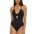 BECCA Colette Clare Plunge One Piece Swimsuit Large Black Crochet Flower NWT