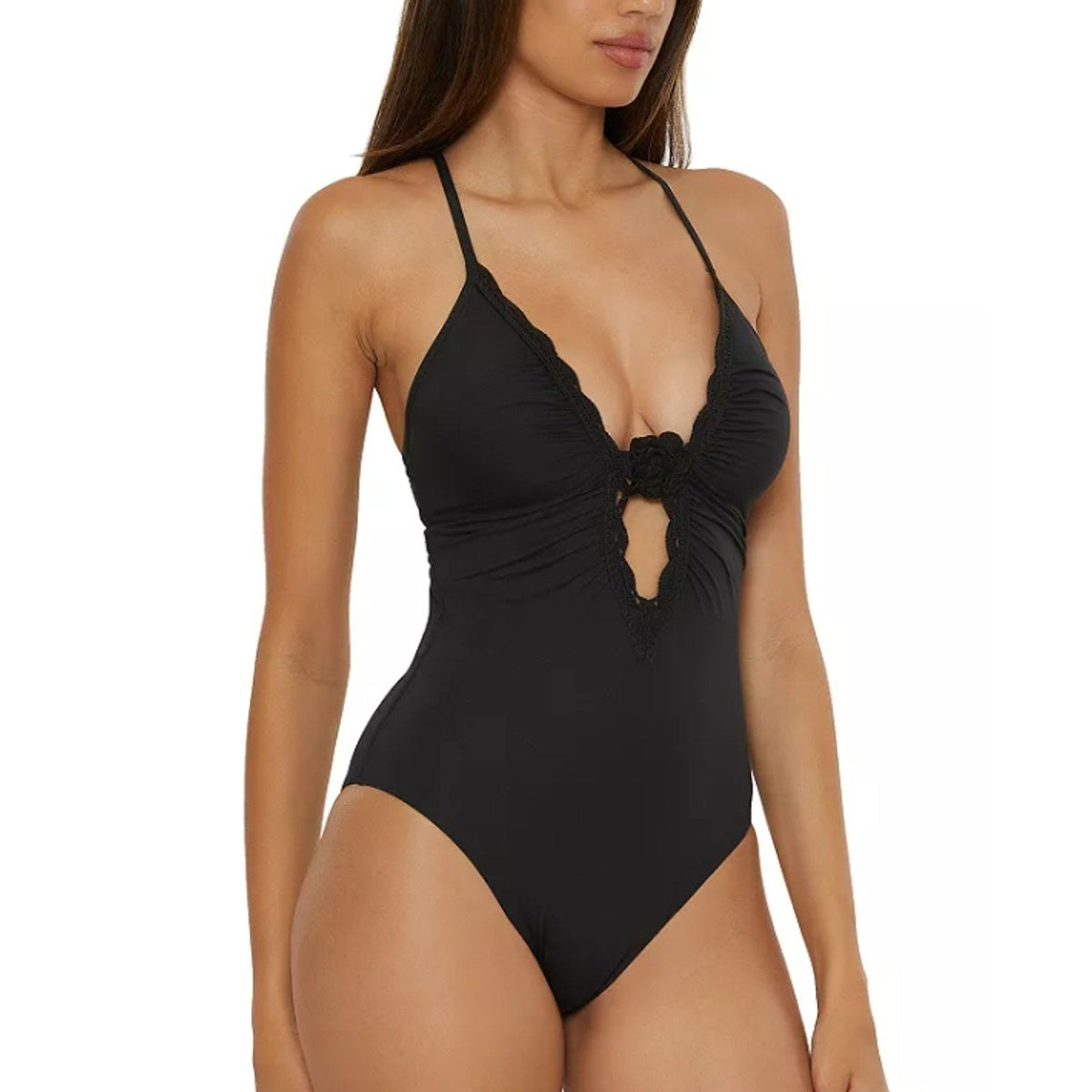 BECCA Colette Clare Plunge One Piece Swimsuit Medium Black Crochet Flower NWT