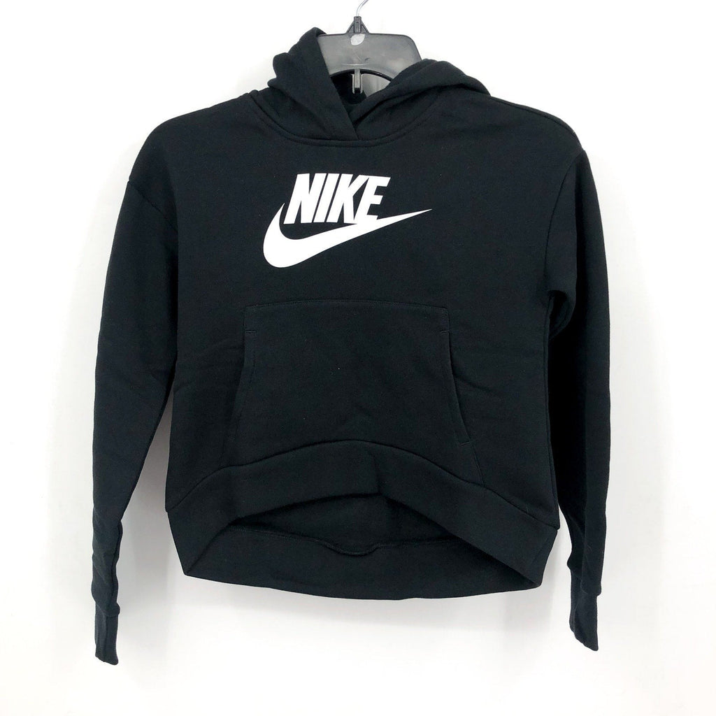 NIKE Girls Club Fleece Pullover Hoodie Club XS Black White Sweatshirt NWT