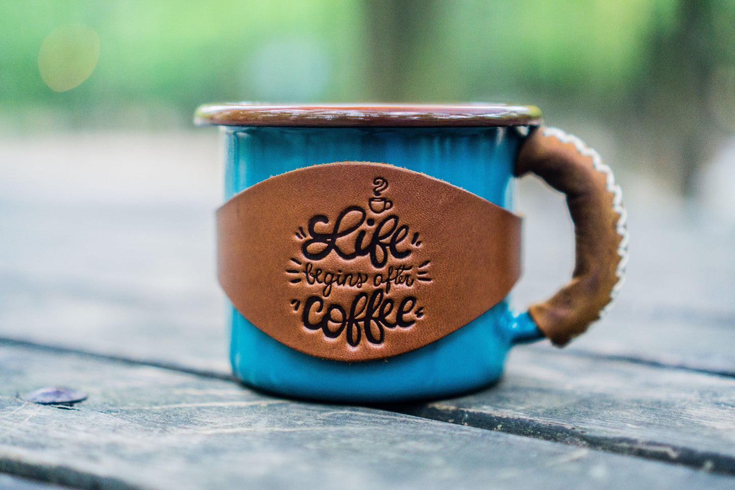 Enamel Mug with Leathered Handle - Turquoise
