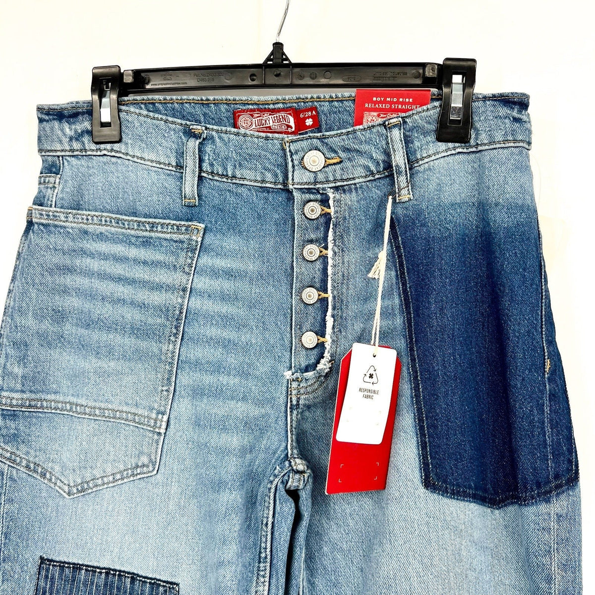 LUCKY BRAND Women's Patched Boy Jeans Size 6 28A Blue Button-Fly Mid-Rise NWT