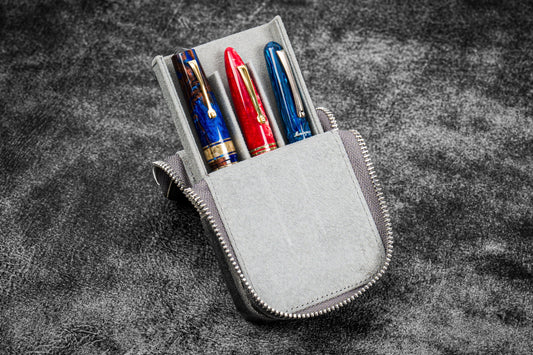 Leather Zippered Magnum Opus 3 Slots Hard Pen Case with Removable Pen Tray - Crazy Horse Smoky