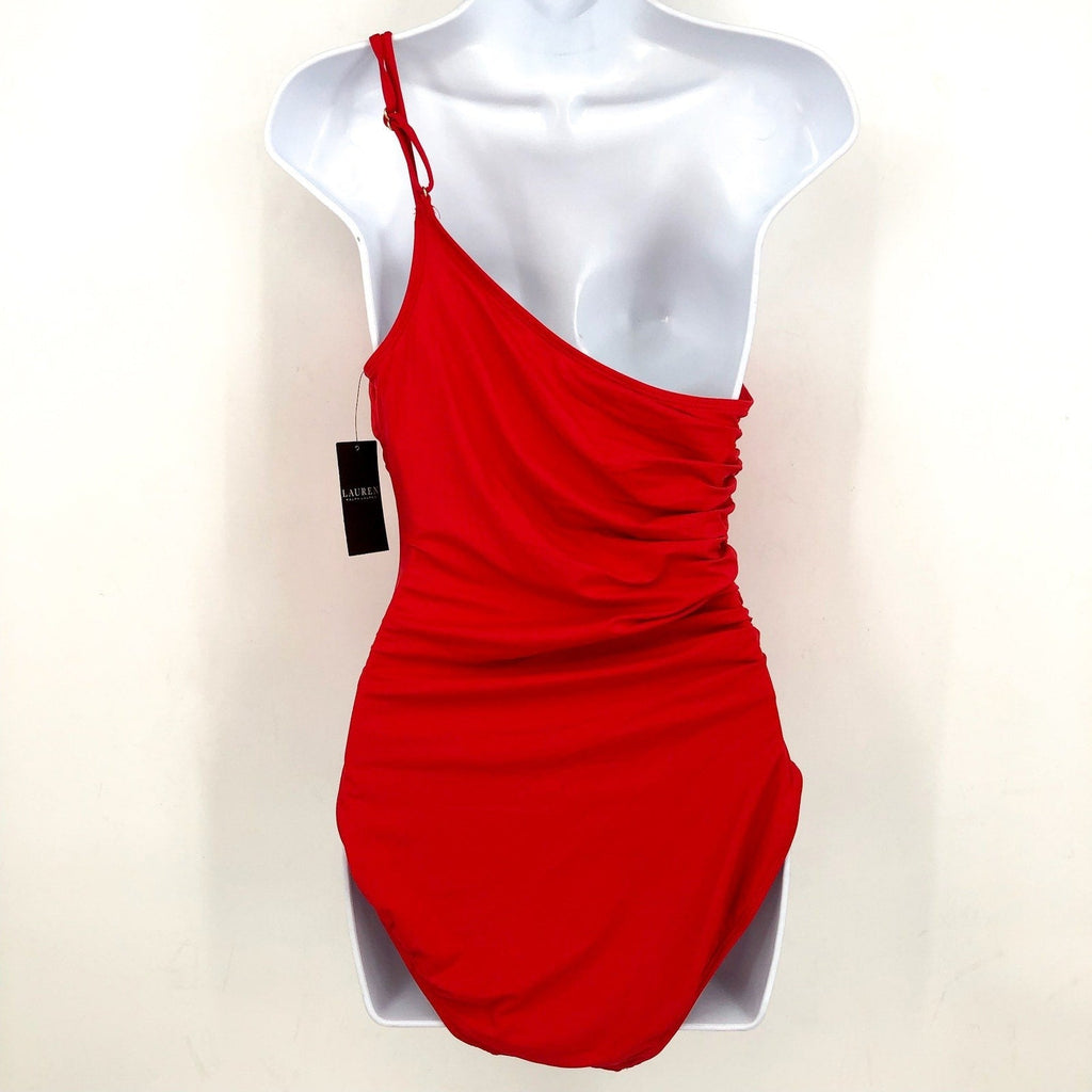 LAUREN RALPH LAUREN Double Strap One Piece Swimsuit Size 8 Red One Shoulder NWT