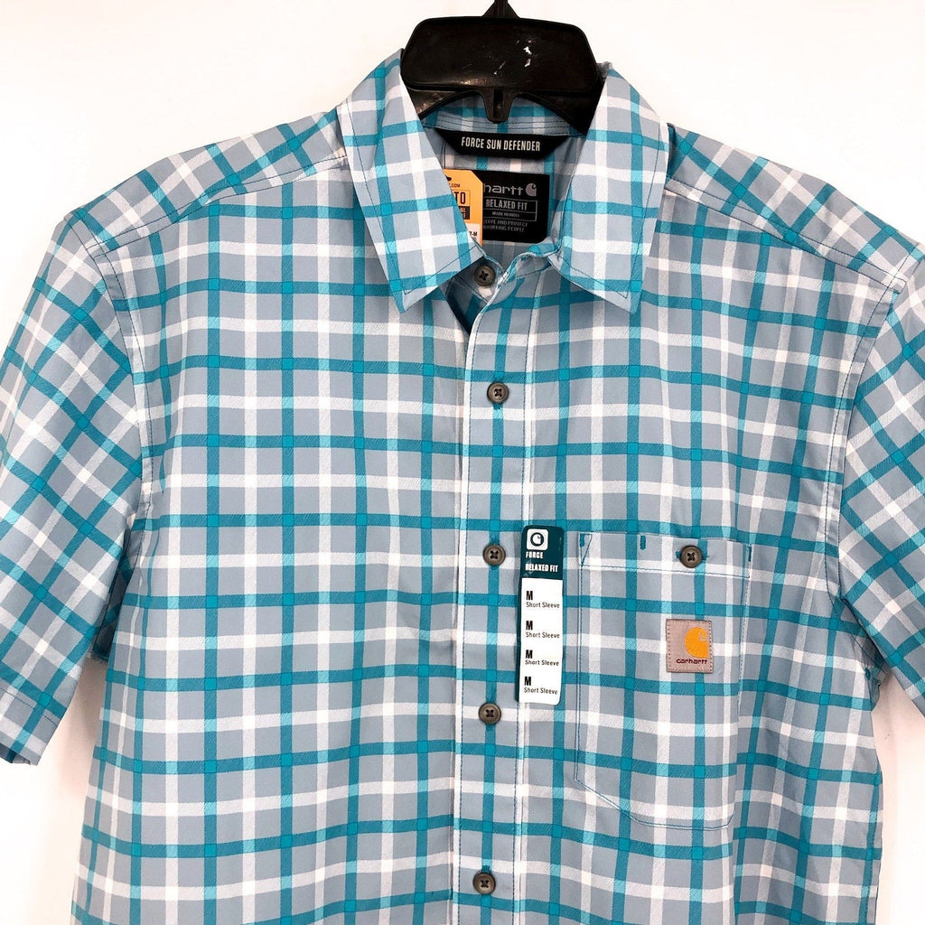 CARHARTT Men's Force Relaxed Fit Plaid Shirt Medium Storm Blue Sun Defender NWT