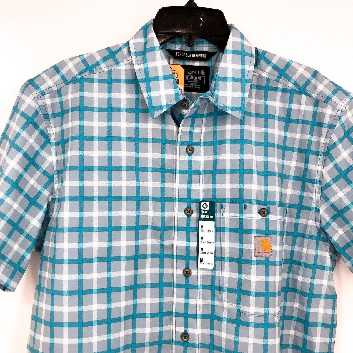 CARHARTT Men's Force Relaxed Fit Plaid Shirt Medium Storm Blue Sun Defender NWT