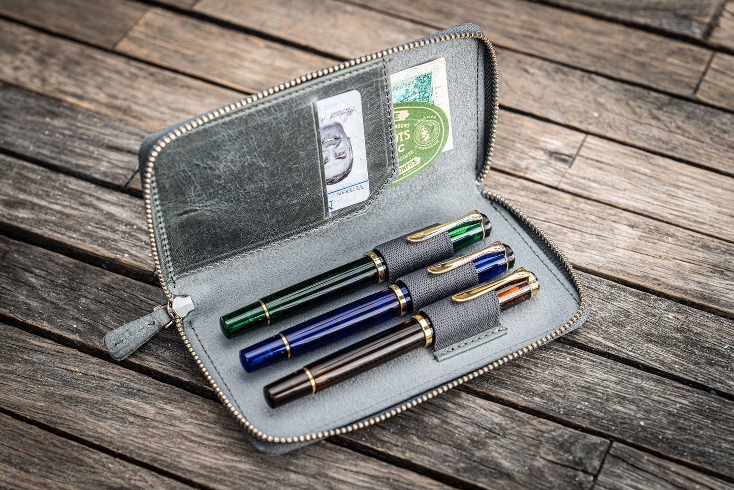 Leather Zippered 3 Slots Pen Case - Crazy Horse Smoky