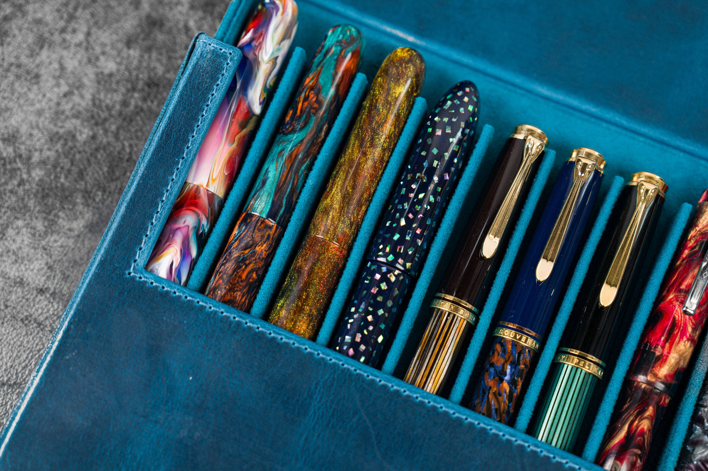Leather Magnum Opus 12 Slots Hard Pen Case with Removable Pen Tray - C.H. Ocean Blue